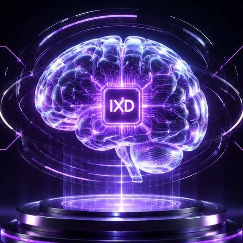 A glowing holographic AI brain on a pedestal