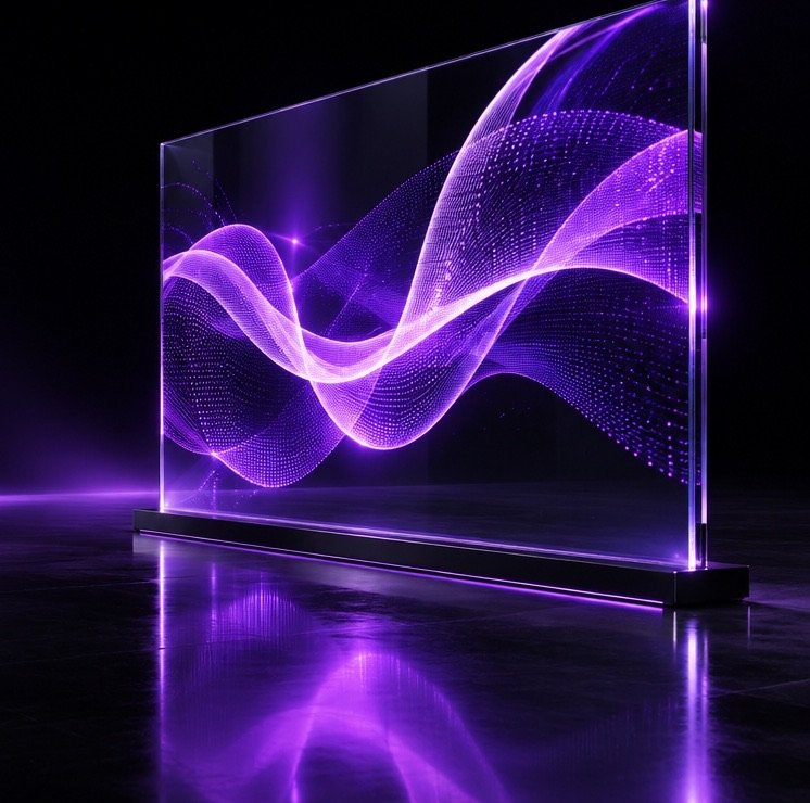 A transparent LED glass panel showing a violet light wave