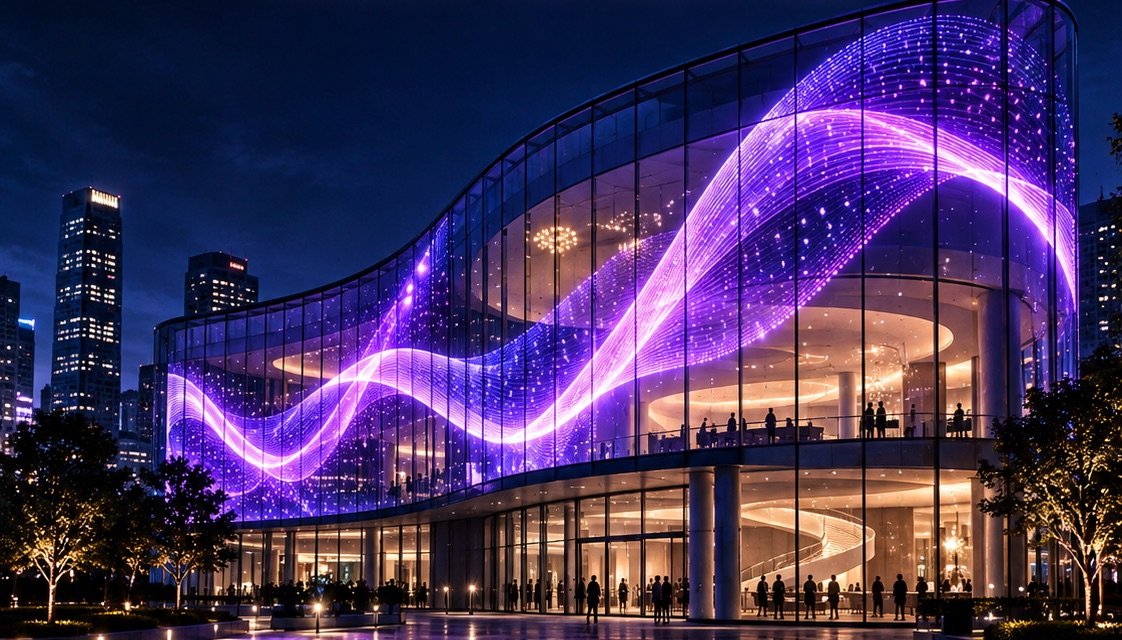 A glass building at night whose transparent LED facade shows a violet light wave