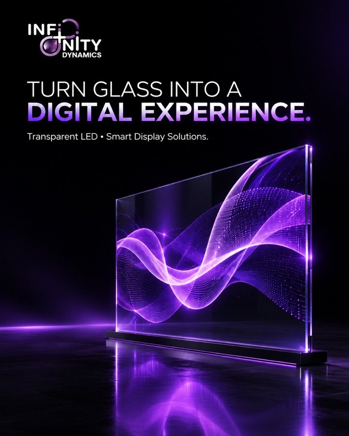 A 3D product visual of a transparent LED display
